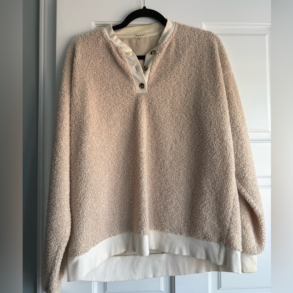 Donni Sherpa pull over with tortoise buttons